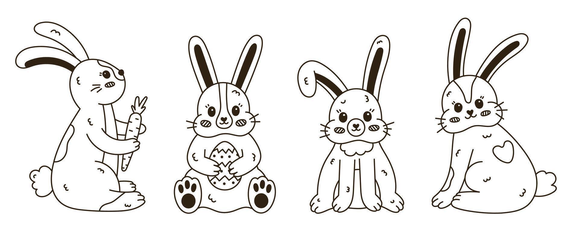 Lovely outline doodle set with Easter bunny in different poses, fur. Hand drawn rabbit holding Easter egg, standing with carrot, bent down ear, back view. Symbol of traditional springtime holiday. vector