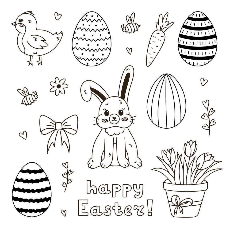 Black and white doodle Easter set with furry bunny with bent down ear, baby chicken, ornate eggs with lines, stripes, check, tulips in flower pot. Happy Easter egg hunt collection isolated on white vector