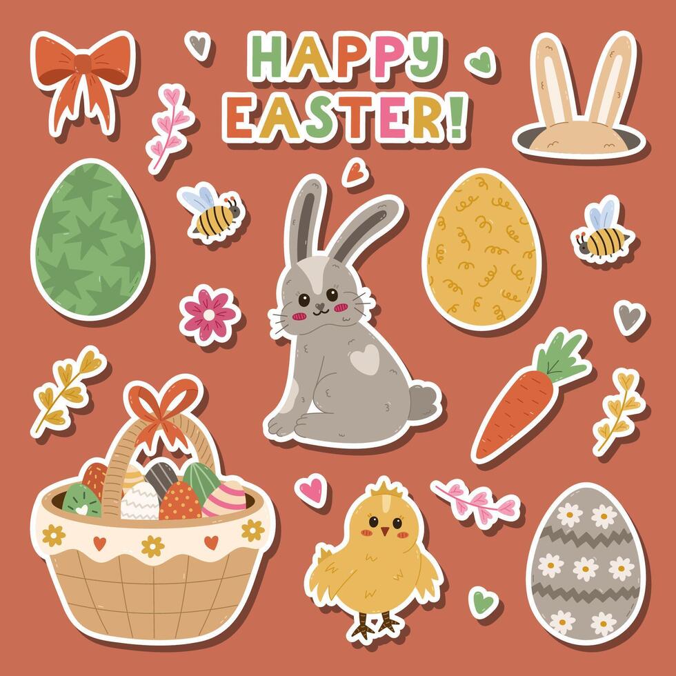 Lovely Happy Easter egg hunt and springtime sticker set for planners, notebooks. Ready for print sheet of cute stickers with cartoon clipart of bunny, cute chick, painted patterned eggs, rabbit ear. vector