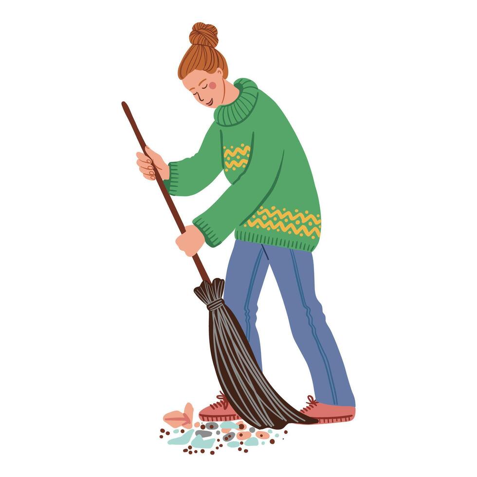 Woman sweeping the street with a broom, isolated on a white background vector