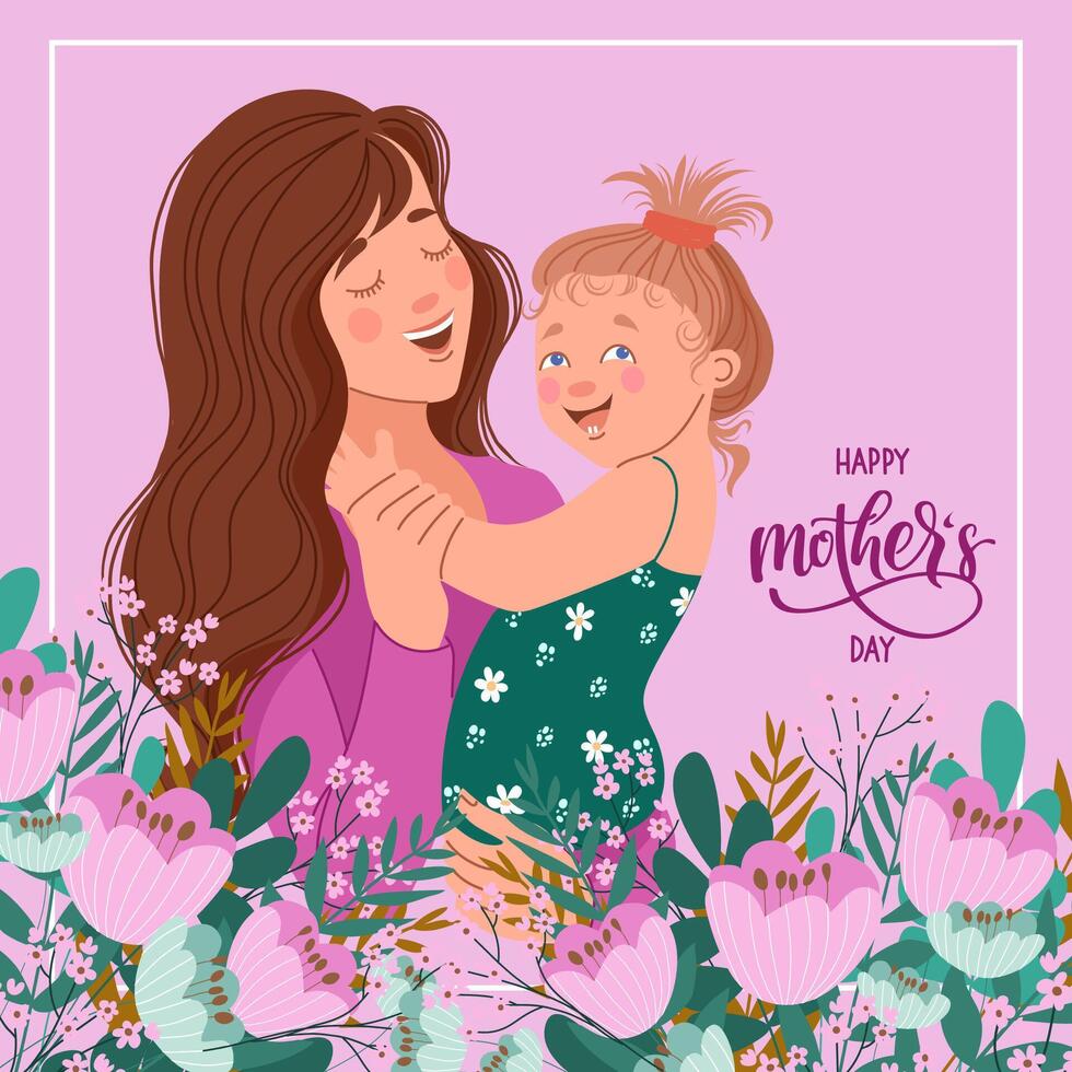 Square banner with a woman and a daughter for Mothers Day vector
