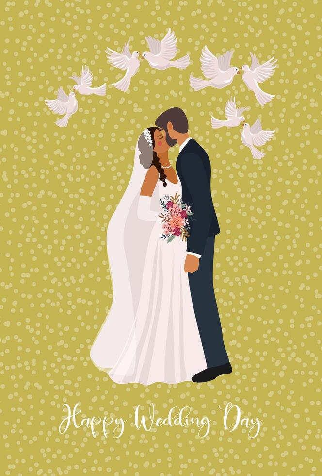 Wedding card template with kissing newlyweds. vector