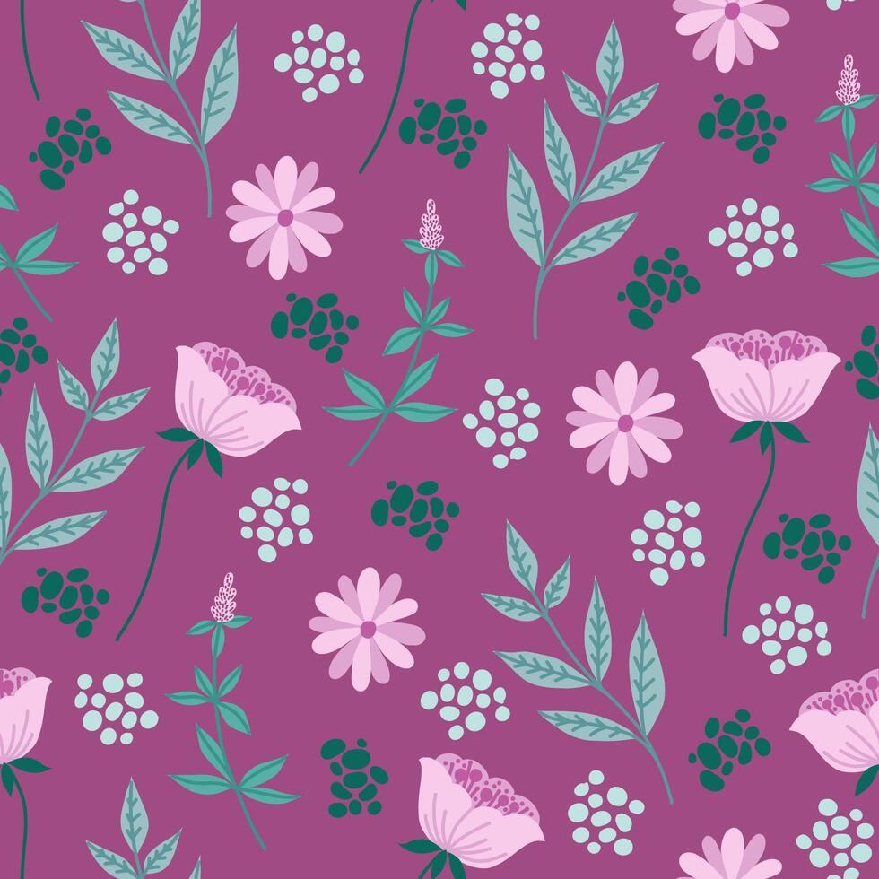 Seamless pattern with plants and flowers on dark background. vector
