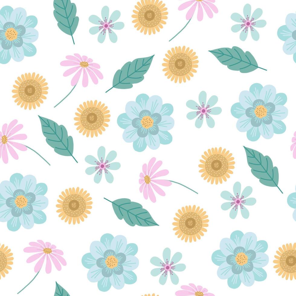 Seamless pattern with flowers and plants on white background. vector