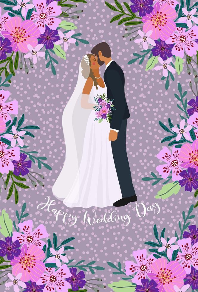 Wedding card template with newlyweds and flowers. vector