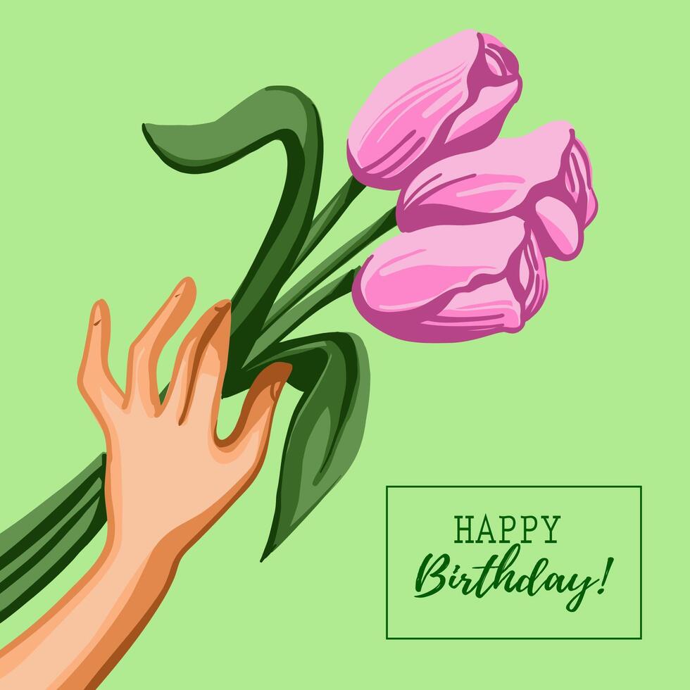 Square Happy Birthday Card with hand and flowers vector