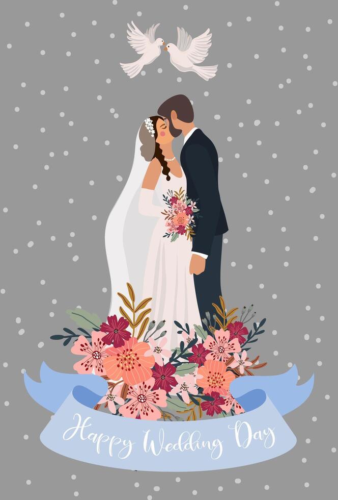 Wedding card template with kissing newlyweds and flowers. vector
