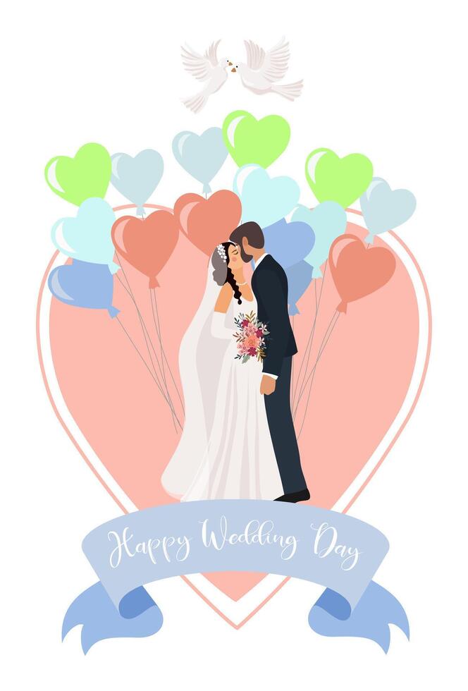Kissing bride and groom against the background of a heart and balloons. vector