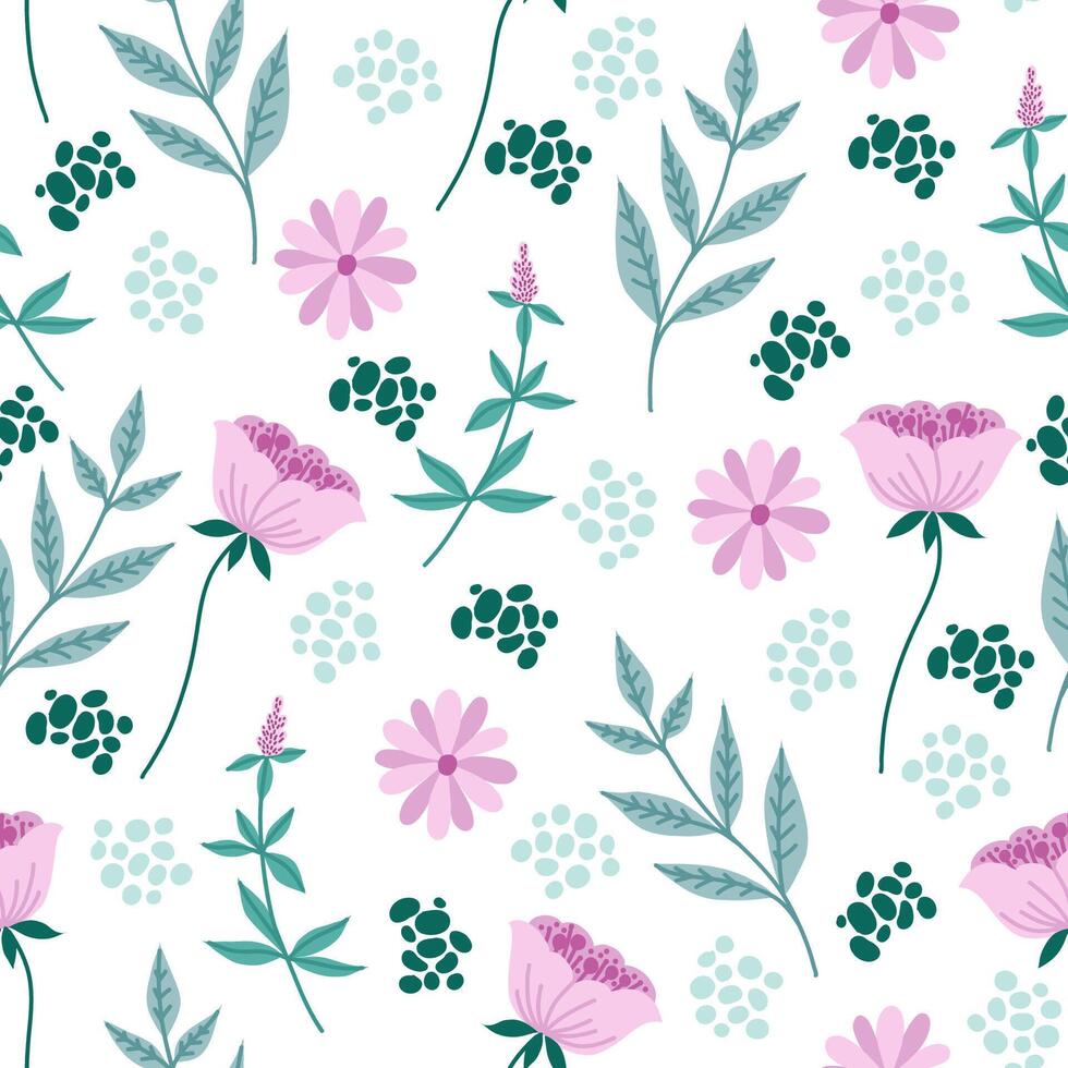 Seamless pattern with plants and flowers on white background. vector