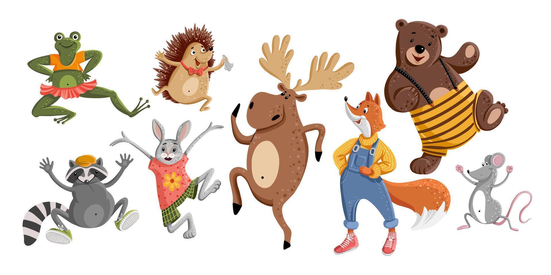 Set of cute dancing animals in cartoon style. vector