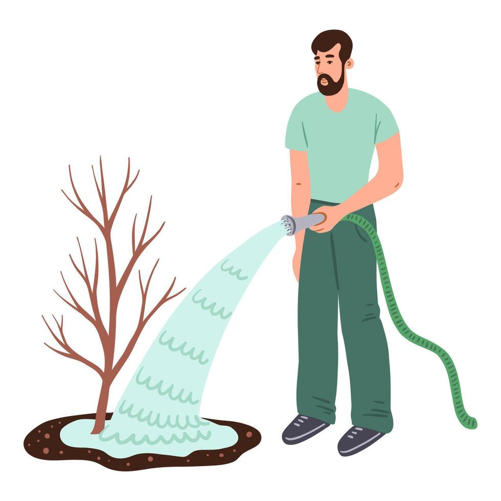 Man watering a young tree seedling with a hose, flat style vector