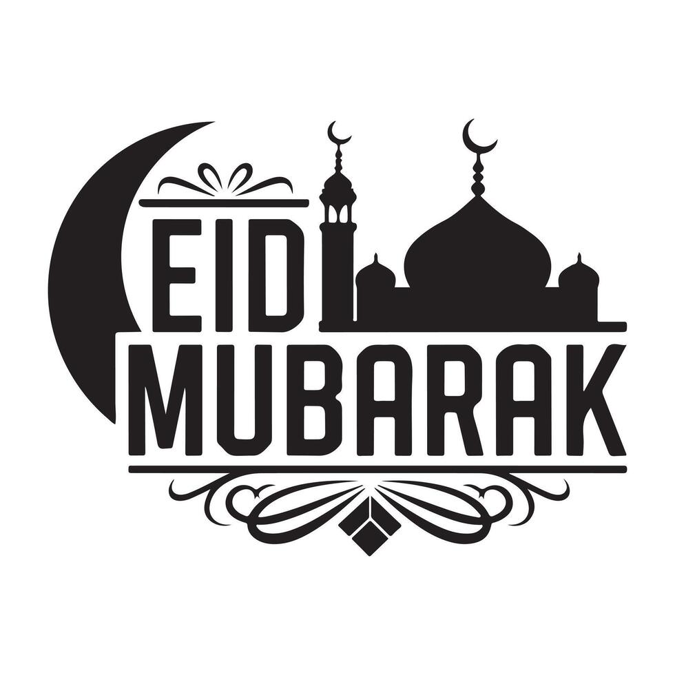 Eid Mubarak Calligraphy - Moon and Mosque Silhouette vector