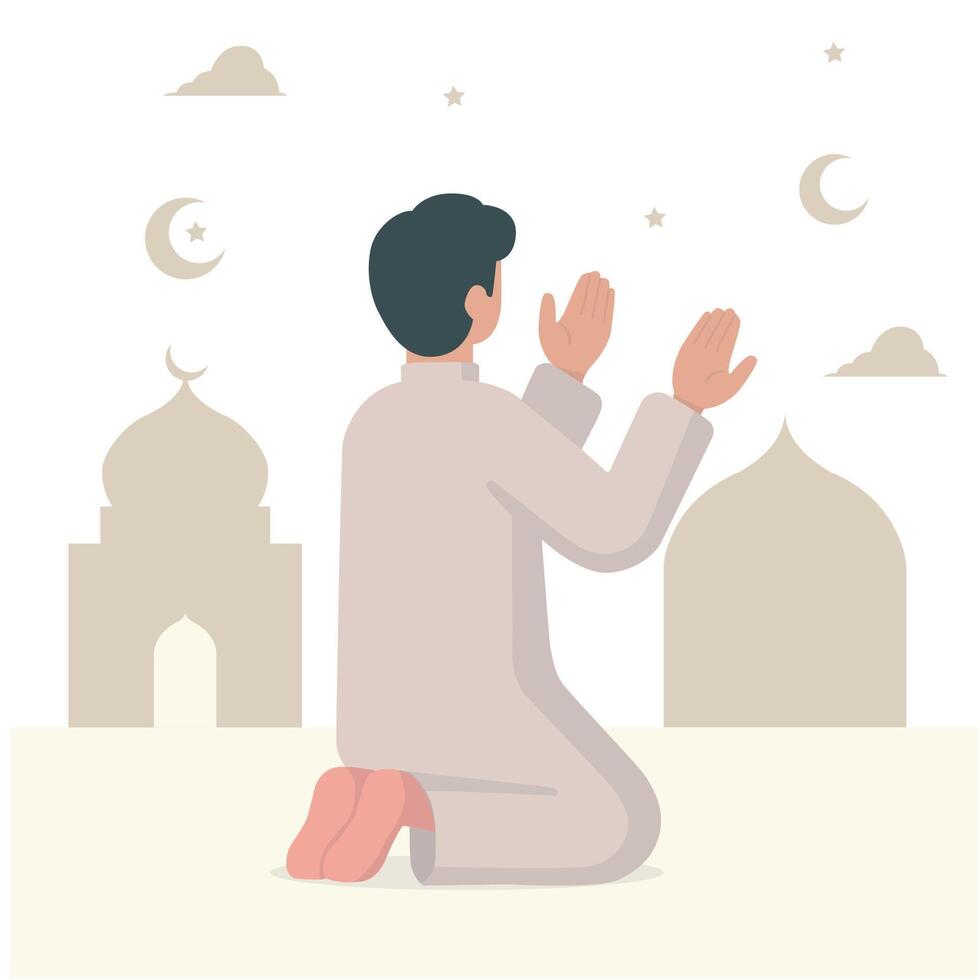 Man praying in front of mosque illustration vector