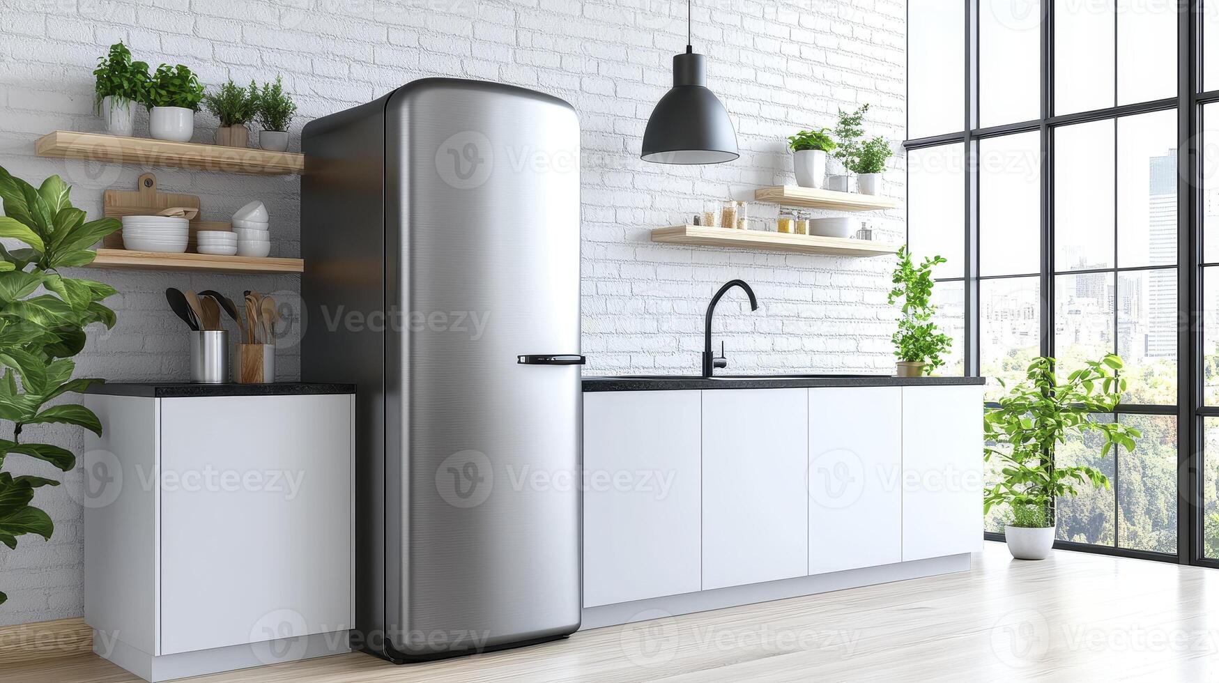 Modern Stainless Steel Refrigerator in Bright White Kitchen with Plants photo
