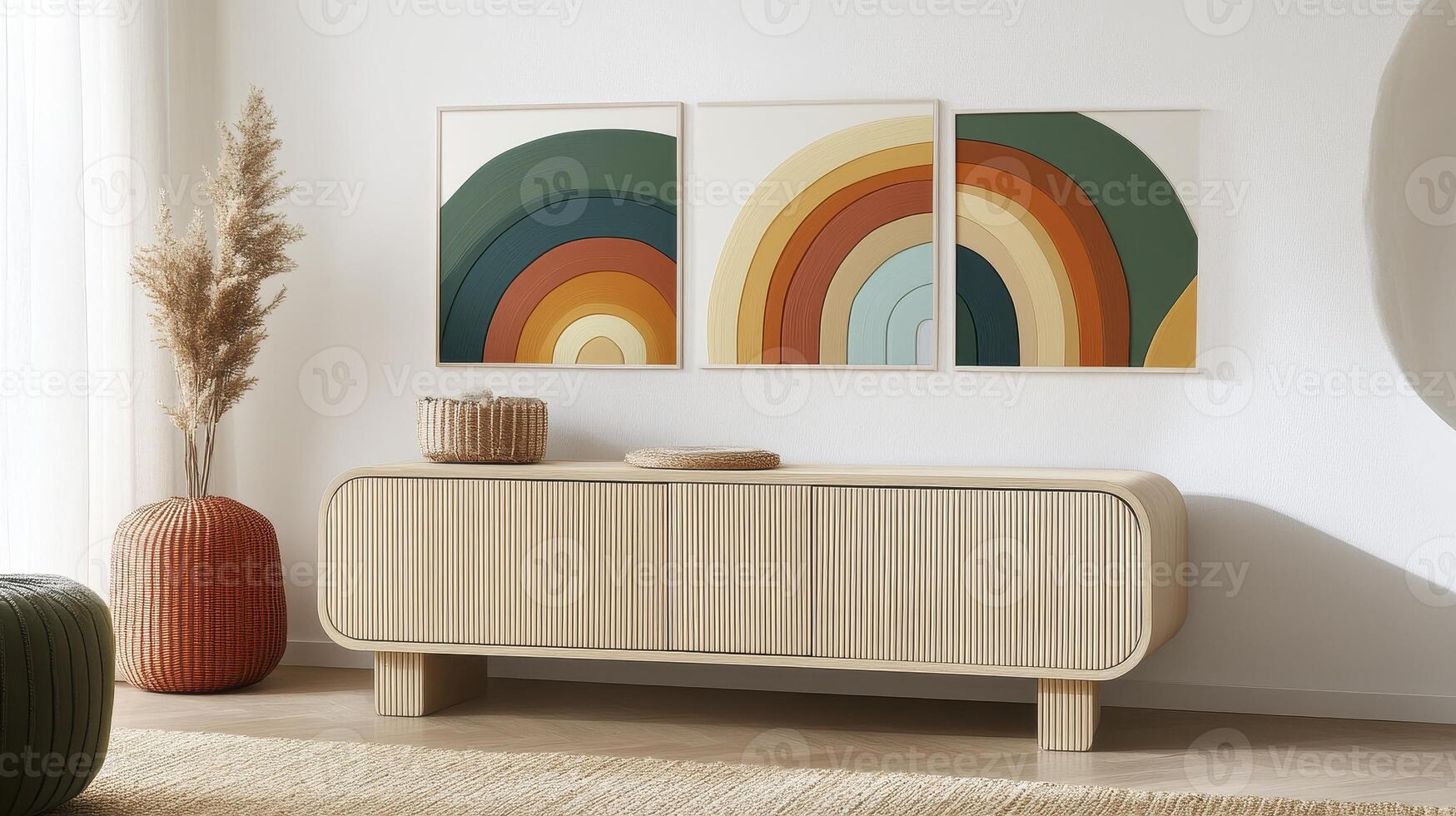 Muted Rainbow Prints Above Light Wood Console photo