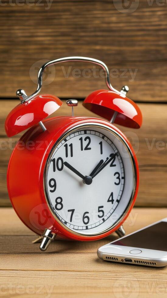 Red Alarm Clock and Smartphone on Rustic Wood photo