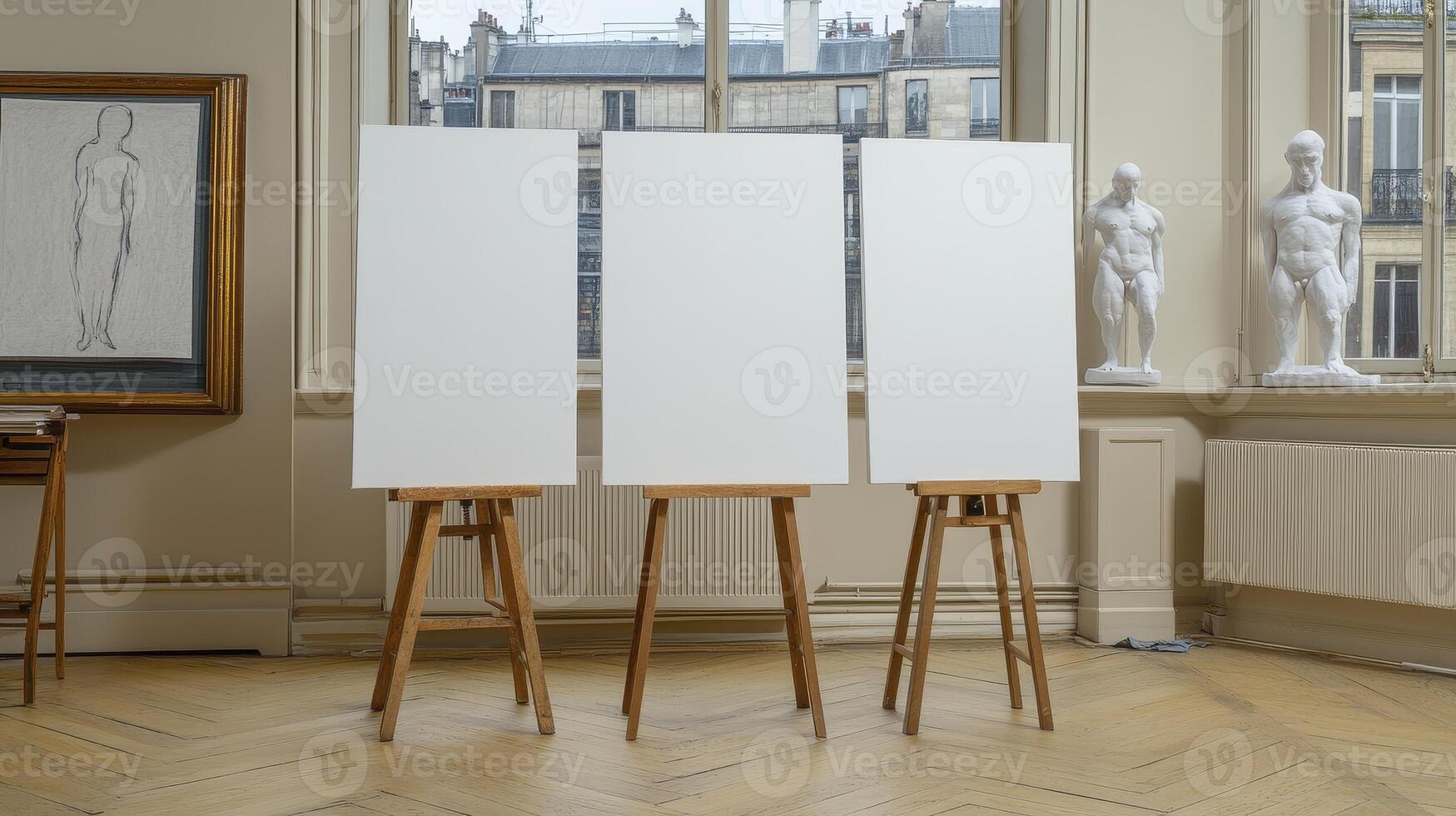 Three Blank Canvases on Easels in Art Studio photo