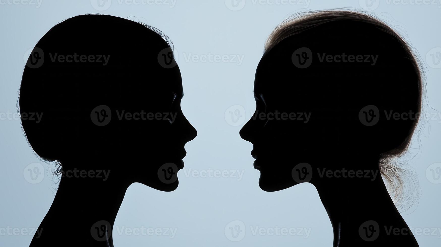 Silhouette Portraits Two Faces in Profile, Explore striking silhouette art with this captivating image showcasing two female figures Each face is rendered in stark contrast against a bright backdrop photo