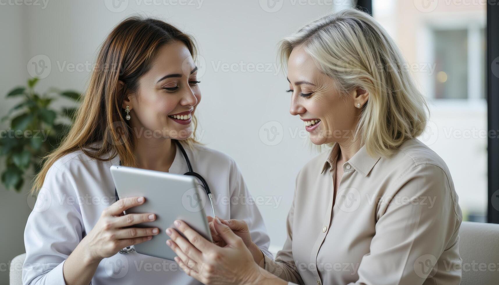 Smiling Doctor Showing Tablet to Senior Patient, illustrating Healthcare Technology, capturing the Doctor-Patient Relationship with Digital Communication, a Medical Consultation, discussing Results photo