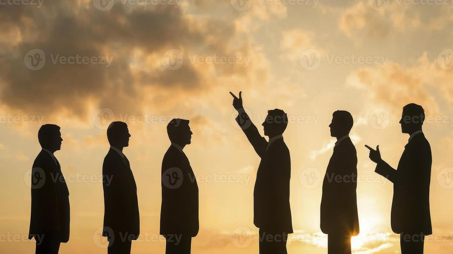 Silhouetted Business Team Against a Golden Sunset A Powerful Image Representing Leadership, Success, and Collaboration in the Corporate World Explore the Symbolism of Unity, Strategy, and Achievement photo