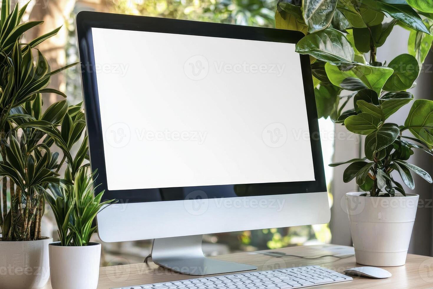 Serene Workspace A modern computer setup featuring a sleek desktop monitor surrounded by vibrant green plants, creating a calming and productive environment, perfect for remote work, creative photo