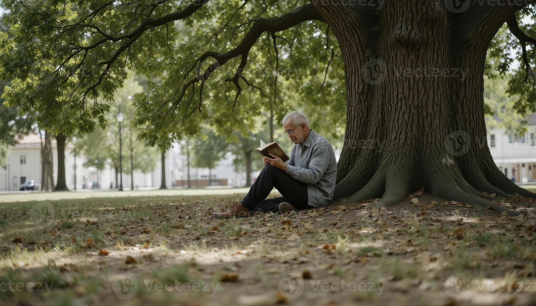 Serene Moment An Elderly Gentleman Reading Under the Majestic Oak Tree in a Peaceful Park, bathed in Warm Sunlight A scene of Tranquility and Reflection, as the Man is Engaging with his Book, finding photo