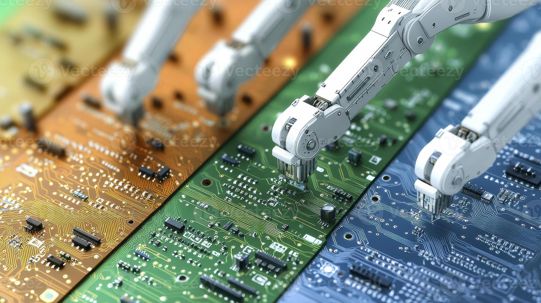 Robotics in Electronics Manufacturing Automation and Precision in Circuit Board Assembly, showcasing advanced robotic arms meticulously placing components onto colorful PCBs, highlighting the photo