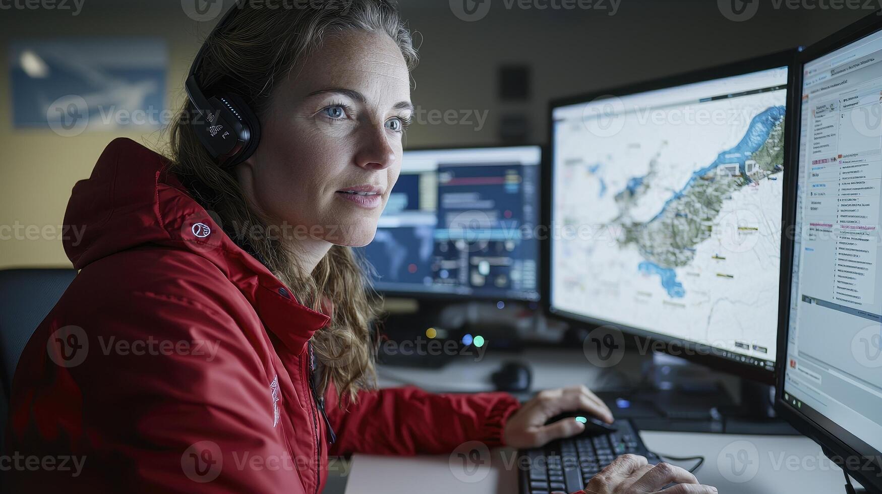 Professional woman analyzing data on multiple computer screens, wearing a headset and a red jacket, focused on her work, in a modern office setting She appears to be monitoring a map and charts photo