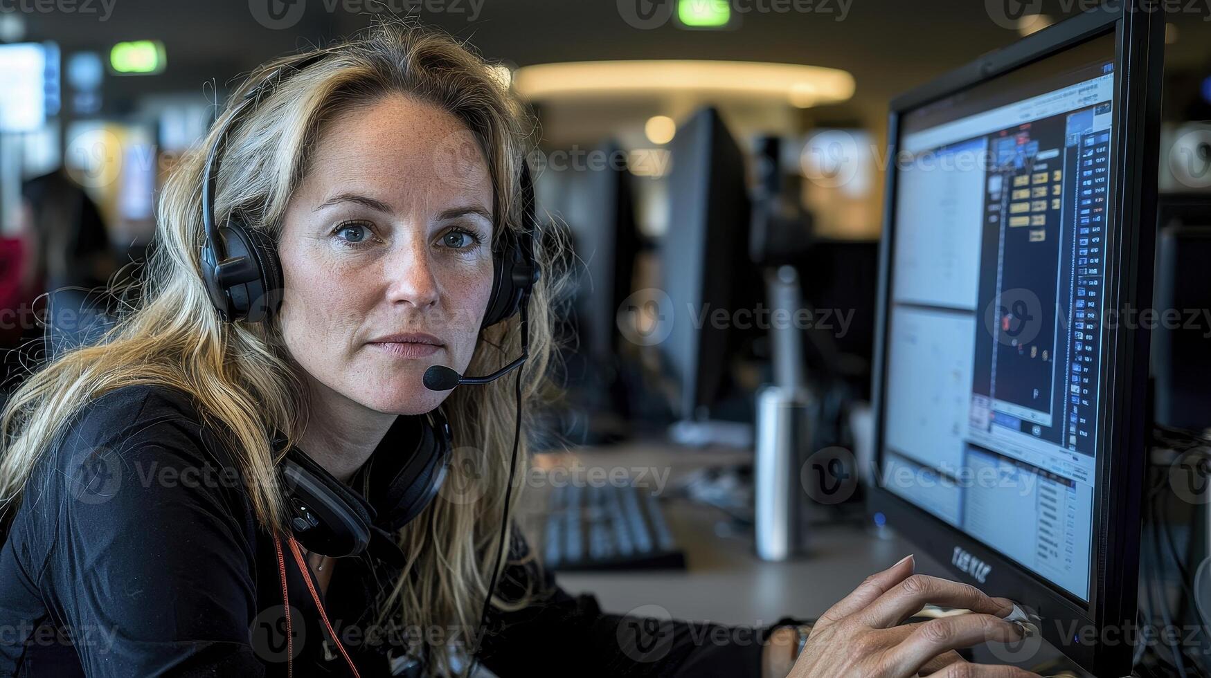 Professional Woman Working at Computer A Focused Image of Modern Workplace Capturing the essence of a dedicated employee in a tech-driven office environment This photo represents productivity