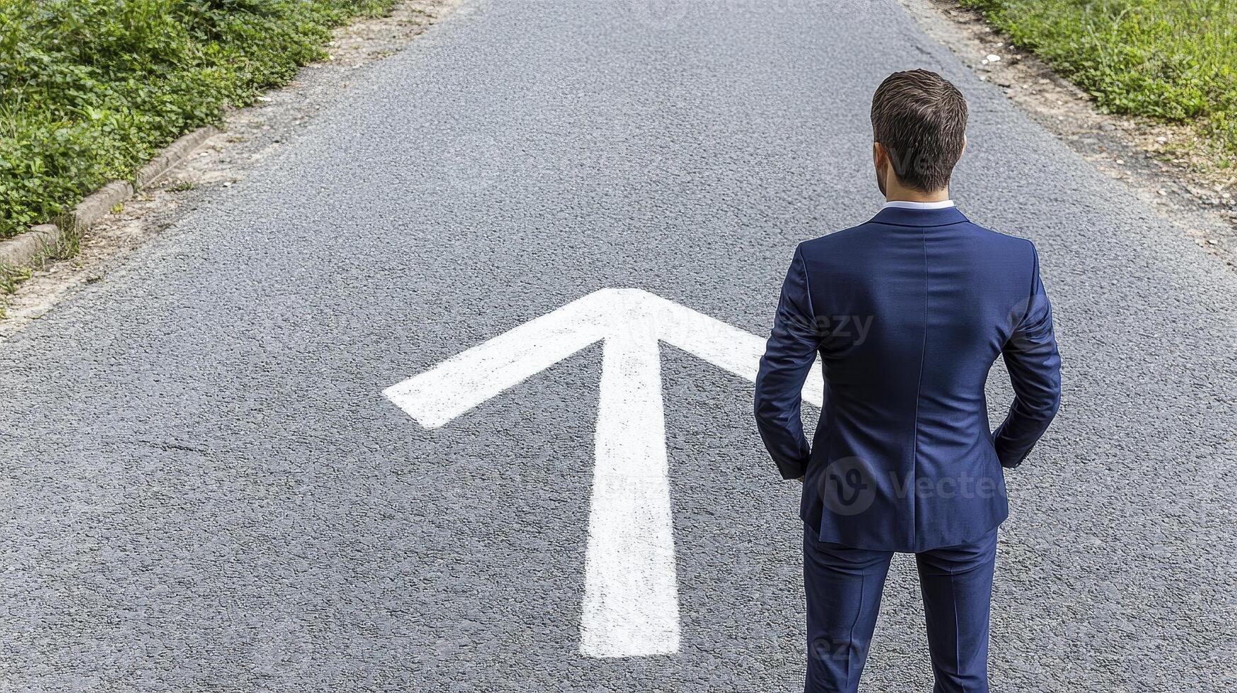 A man stands at a crossroads, contemplating his future, decision-making process, and strategic direction, facing an arrow pointing forward, symbolizing progress, advancement, and the pursuit of goals photo