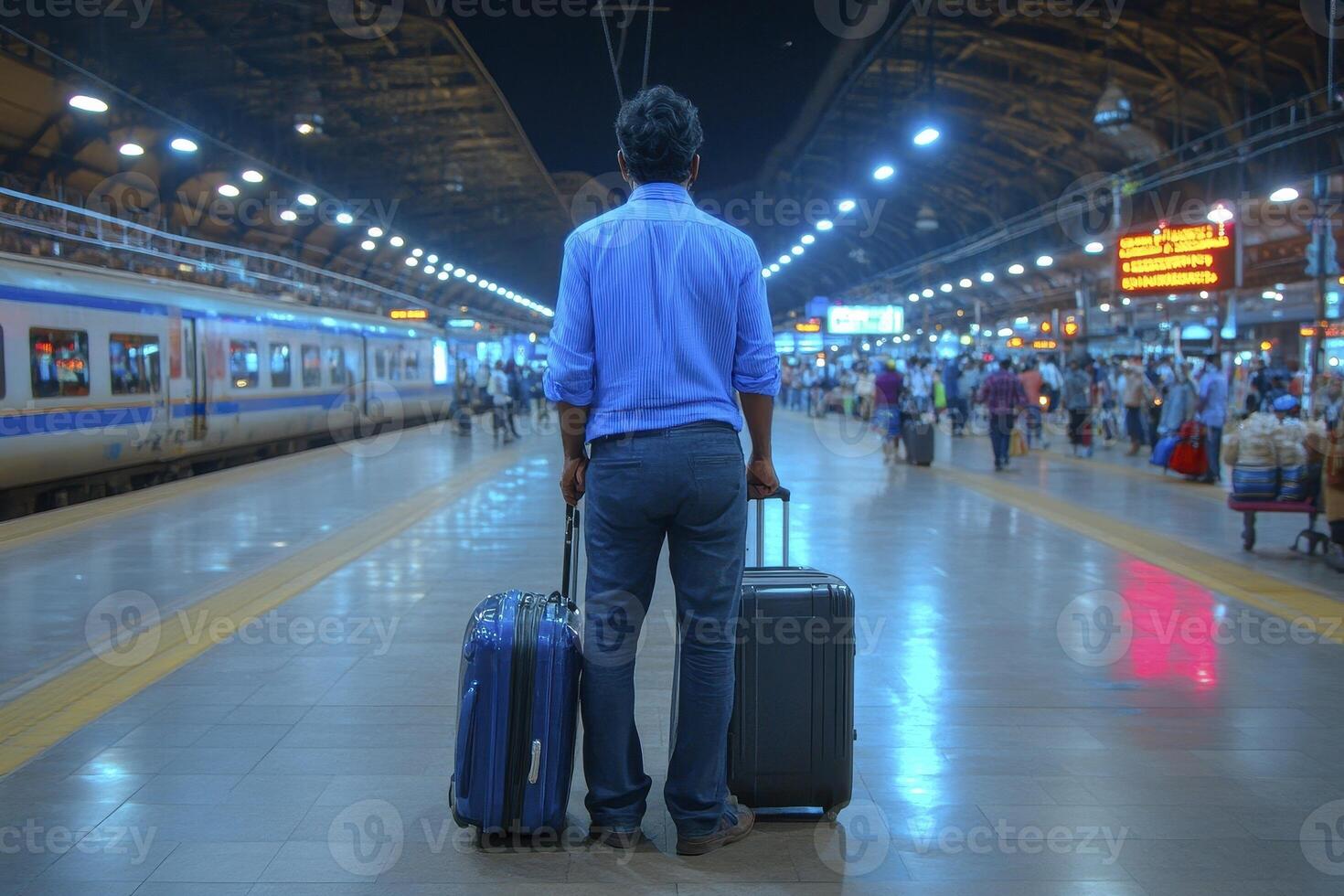 A lone traveler stands on a bustling train platform, awaiting his journey, the anticipation etched on his face as he gazes down the tracks, luggage at his side, ready to embark on a new adventure photo