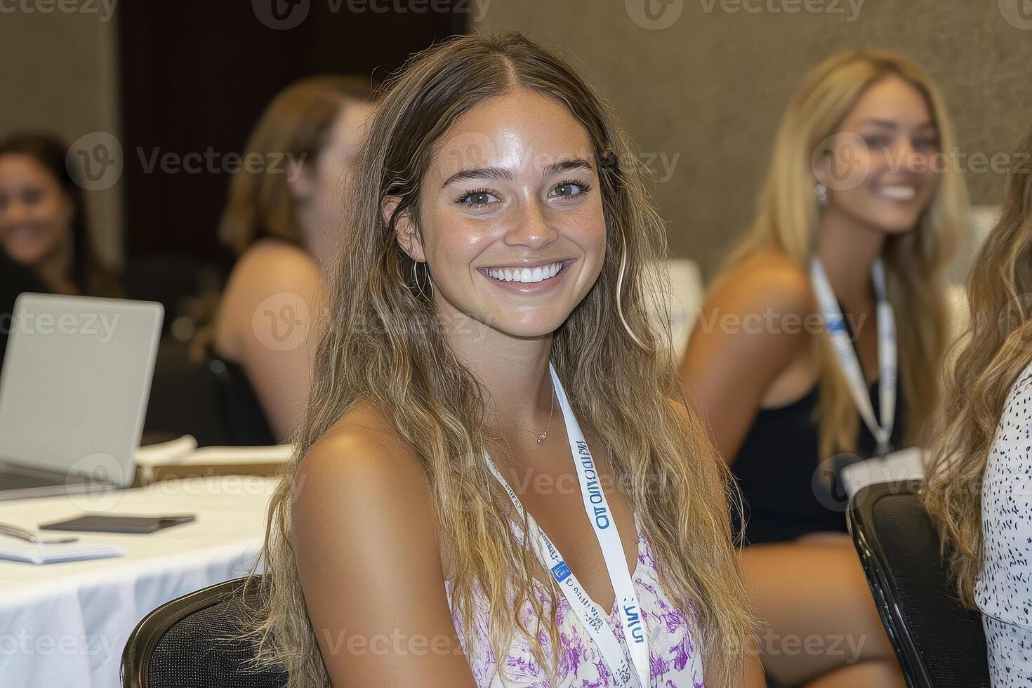 A captivating portrait captures the radiant smile of a young woman with long, wavy brown hair, showcasing natural beauty and youthful exuberance The soft, diffused lighting accentuates her clear photo