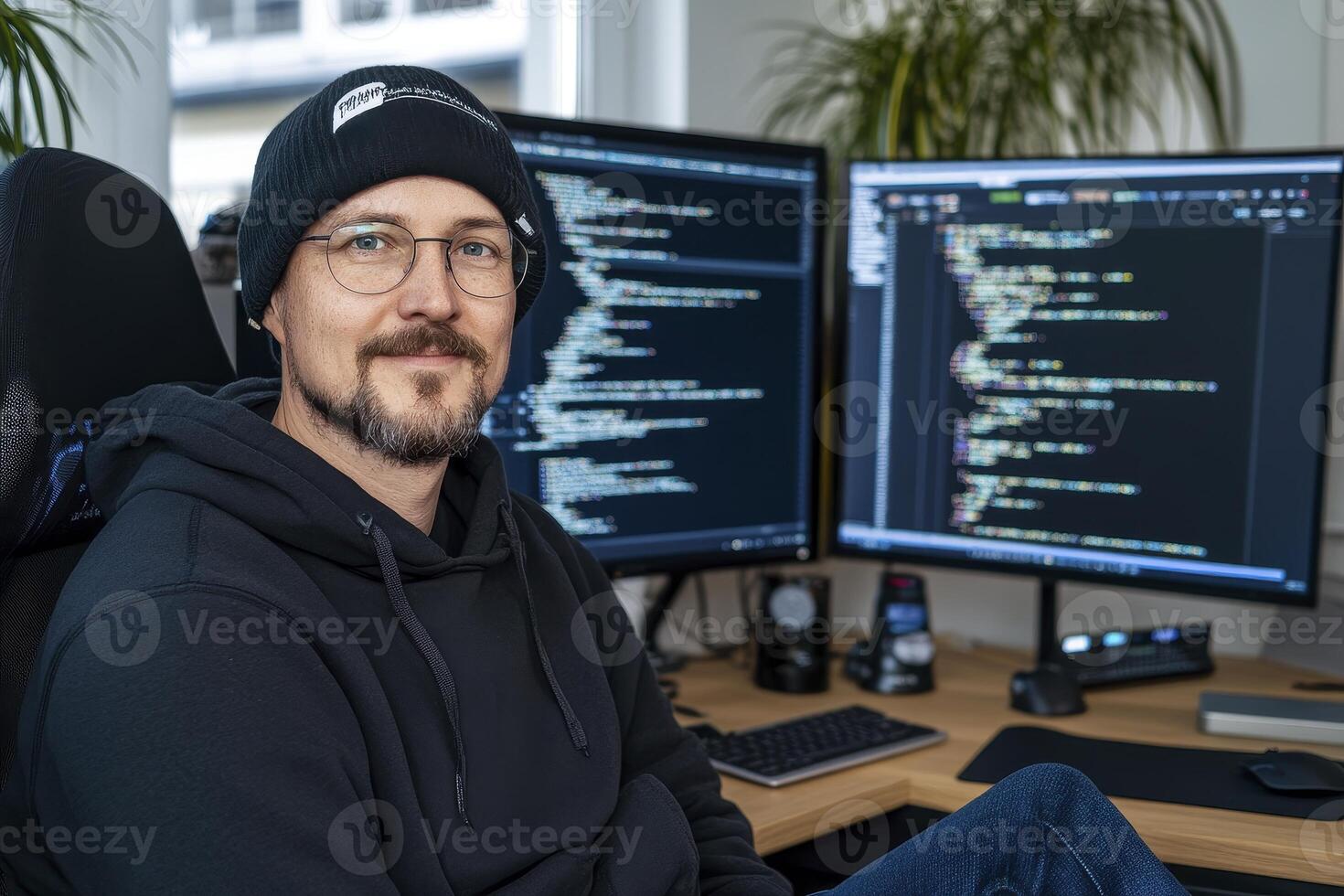 A Focused Programmer at Work Exploring Coding, Development, and Software on Dual Monitors, Surrounded by Technology in a Modern Workspace, showcasing Skills, Innovation, and the Digital Realm photo