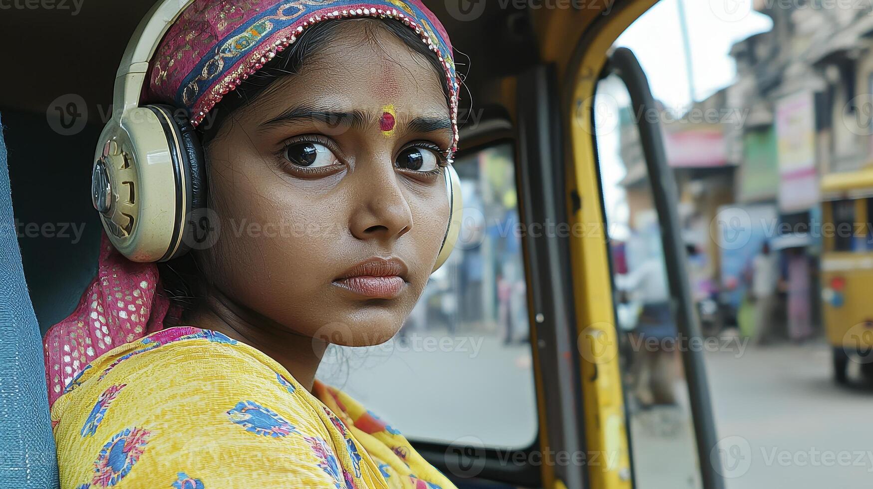 A captivating close-up of a young woman in India, perhaps a driver, with intense eyes and a focused expression, highlighting the vibrant colors of her traditional clothing and headscarf, complemented photo