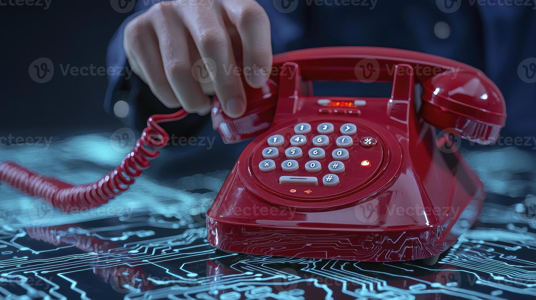 A Vibrant Red Rotary Phone with Button Dialing, a Nostalgic Relic of Communication History, is Depicted in this Striking Still Life The Image Captures the Texture of the Phone's Casing, the Curvature photo