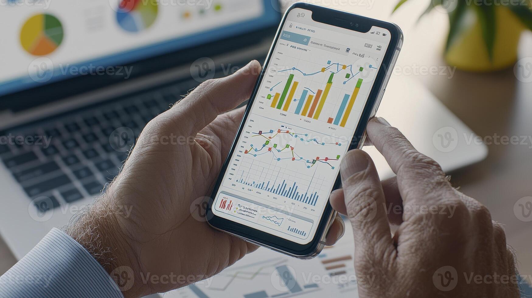 Analyzing Business Growth A Close-Up of Data-Driven Insights on a Smartphone Display Showcasing Bar Graphs and Line Charts, Reflecting Market Trends and Financial Performance, Supported by a Laptop photo