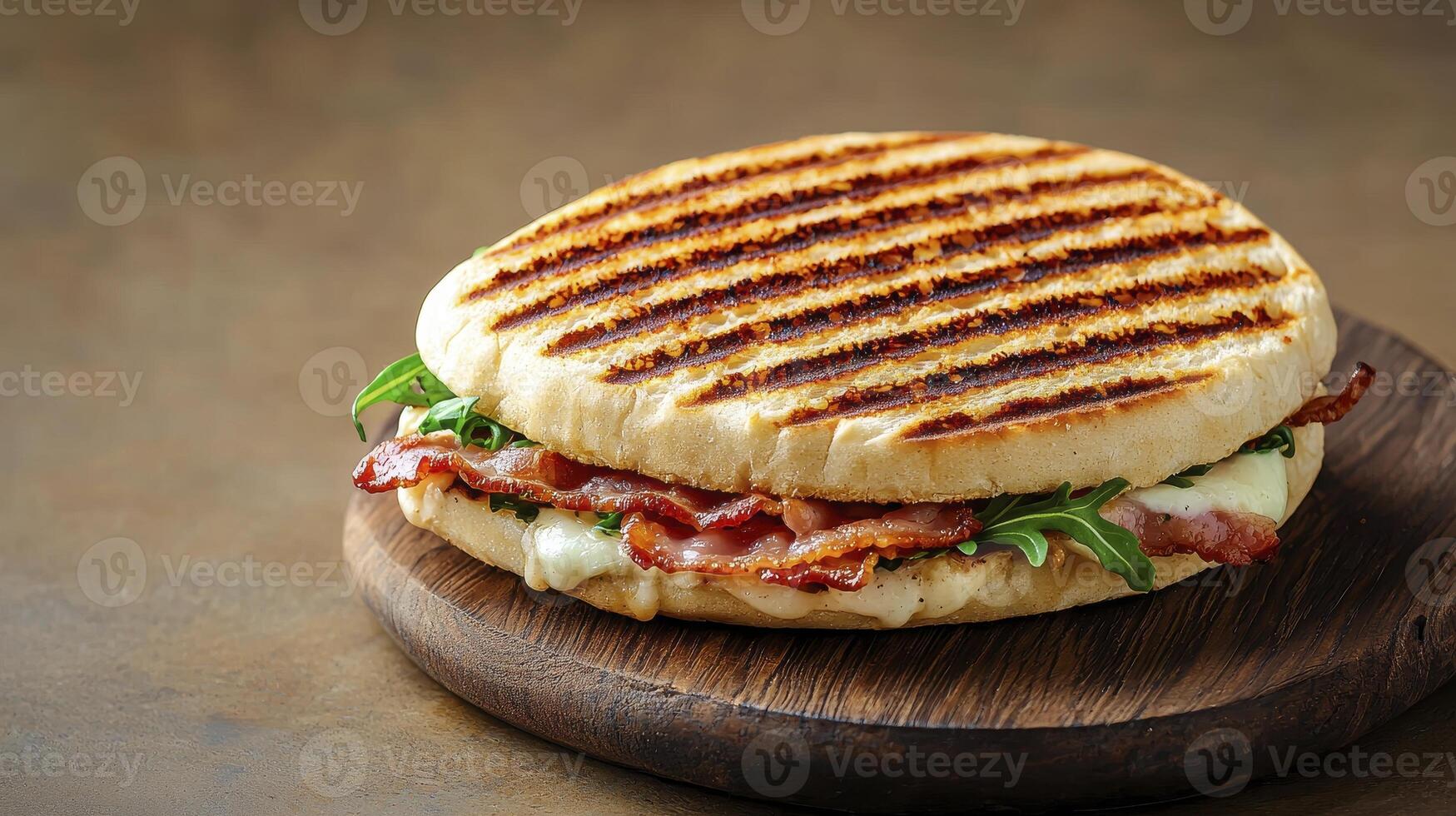 Delicious Panini Sandwich with Crispy Bacon, Fresh Arugula, and Melted Mozzarella Cheese, Served on a Rustic Wooden Board a Perfect Lunch or Quick Dinner Option Enjoy this Grilled Sandwich, a photo