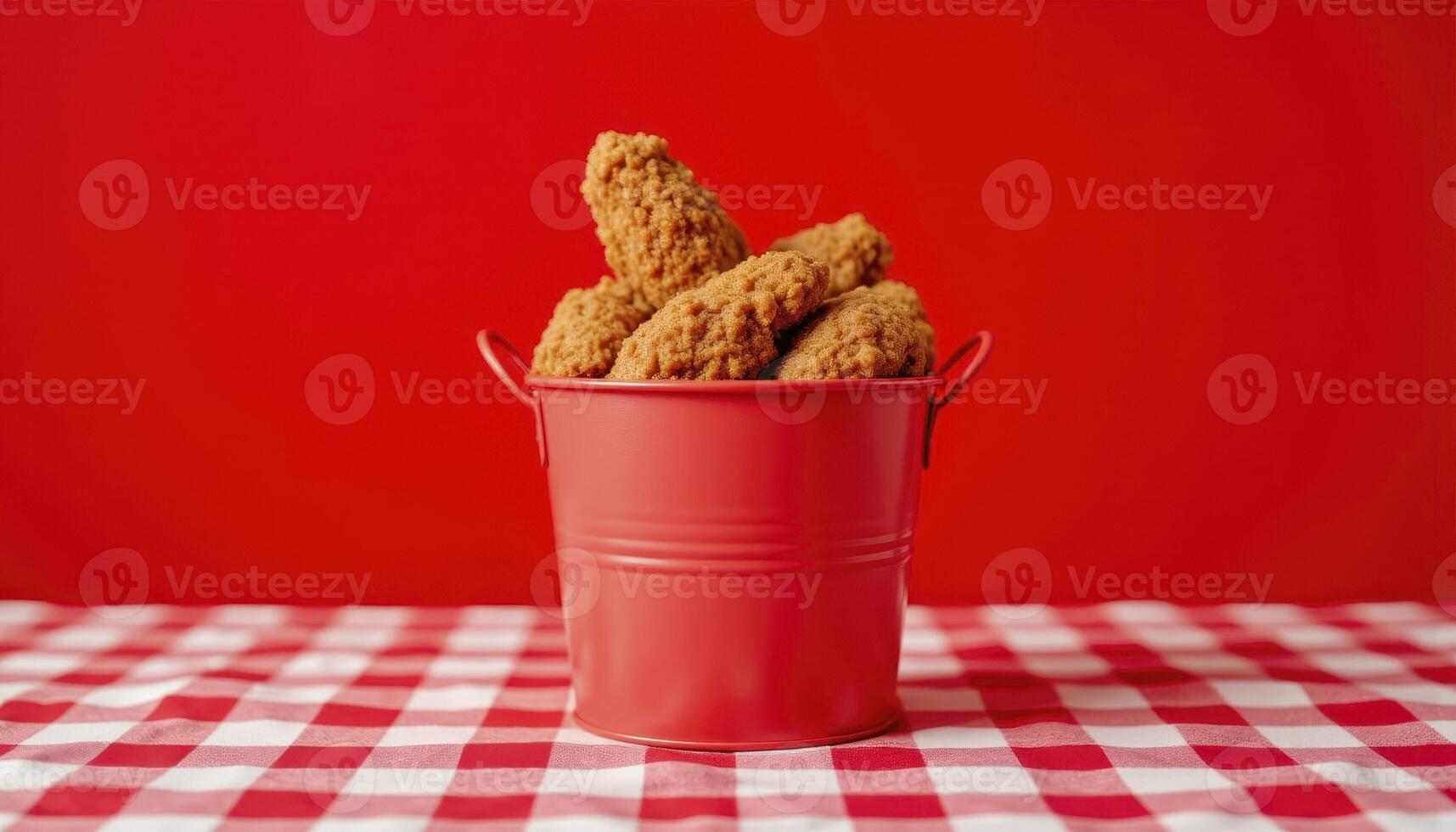 Delicious Golden Fried Chicken Tenders in a Red Bucket on a Classic Red and White Gingham Checkered Tablecloth, Perfect for a Picnic, a Family Gathering, or a Casual Dinner, showcasing crispy photo