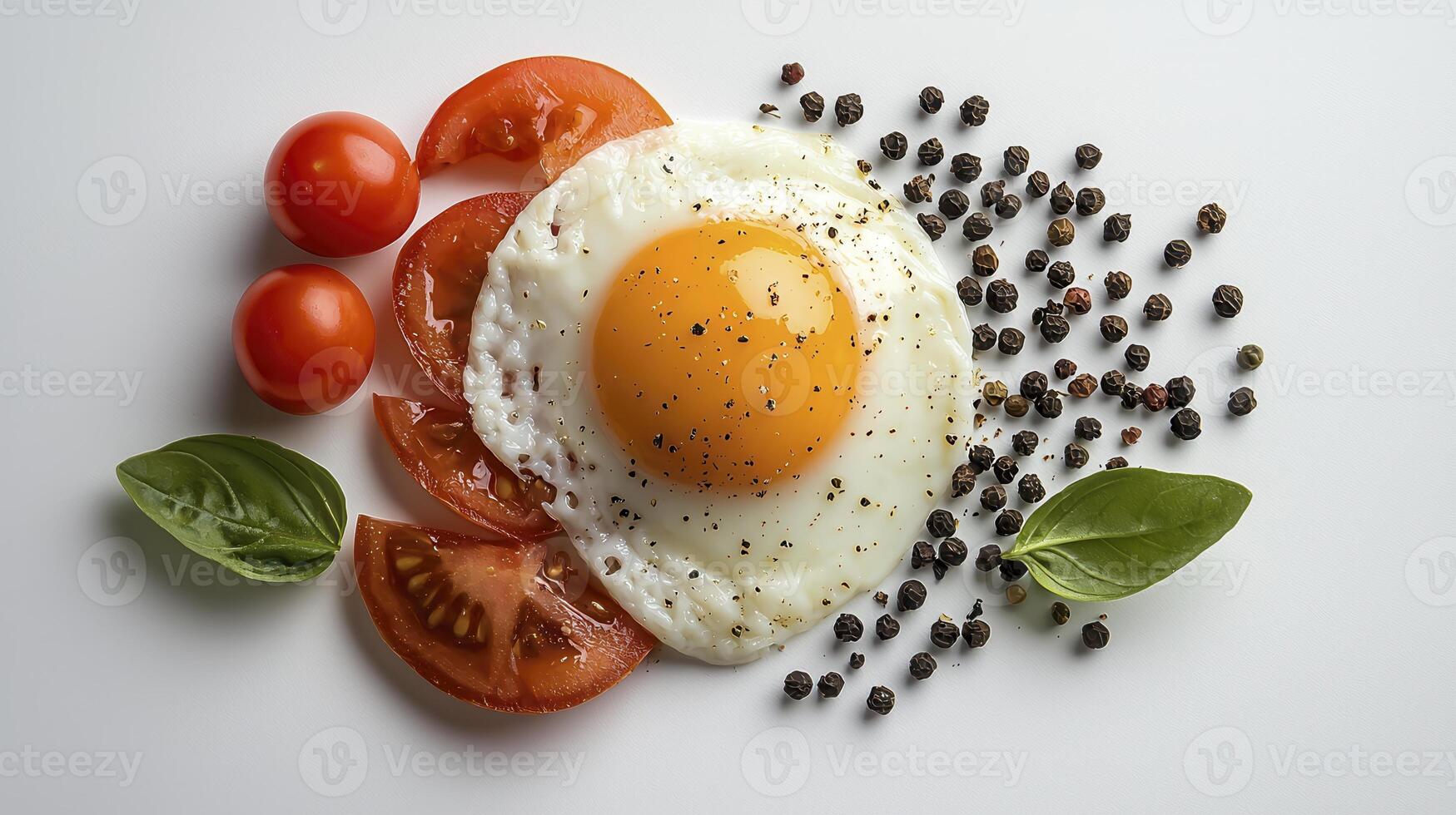 Delicious Fried Egg with Fresh Tomatoes, Basil Leaves, and Black Pepper on a White Background A Culinary Delight Photograph Showcasing Breakfast, Brunch, or Lunch Ingredients, Perfect for Food Blogs photo
