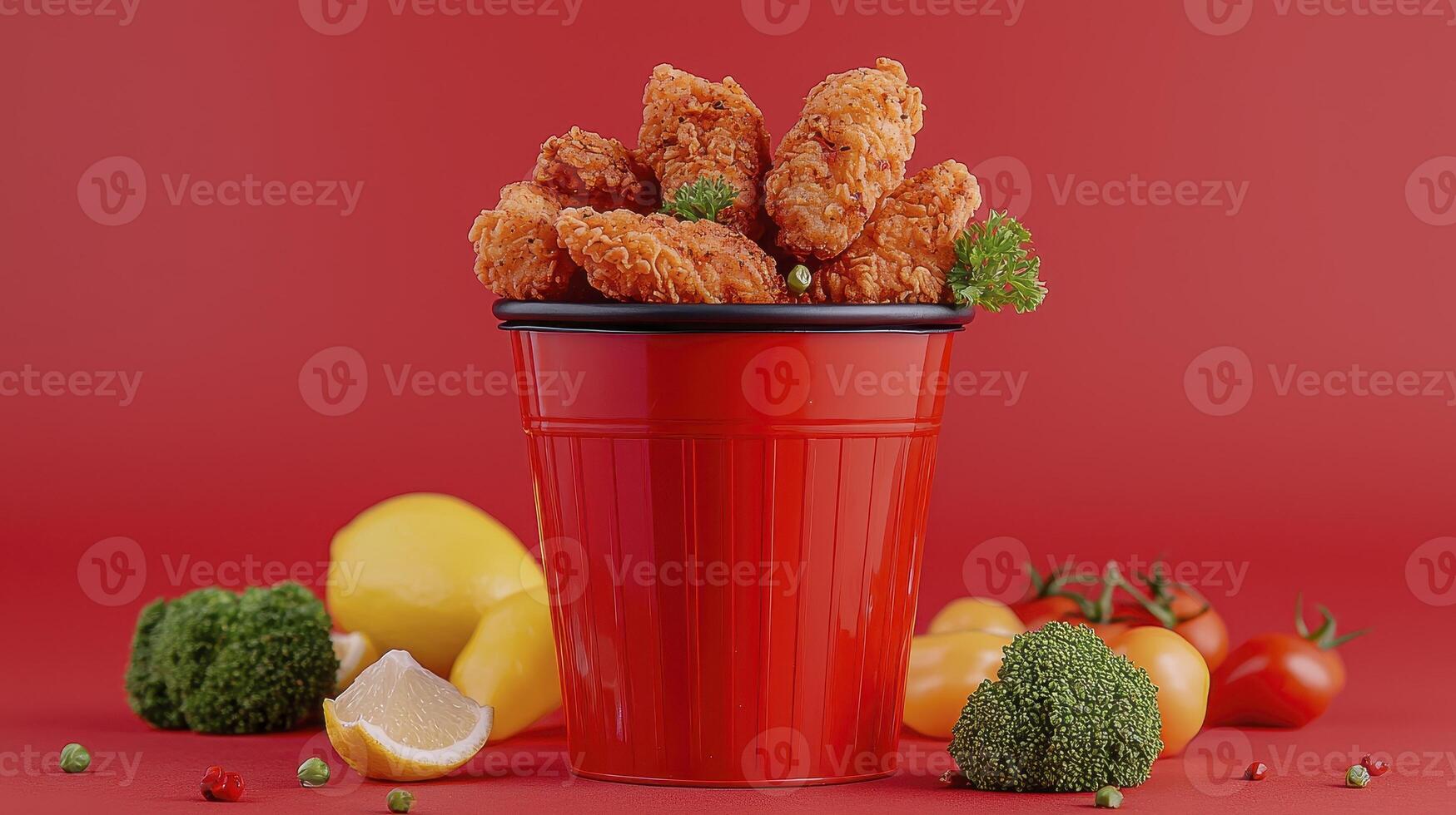 Delicious Fried Chicken Wings in a Red Bucket A Mouthwatering Still Life Photography Composition Showcasing Crispy, Golden-Brown Perfection Against a Vibrant Red Backdrop, Featuring Fresh Vegetables photo
