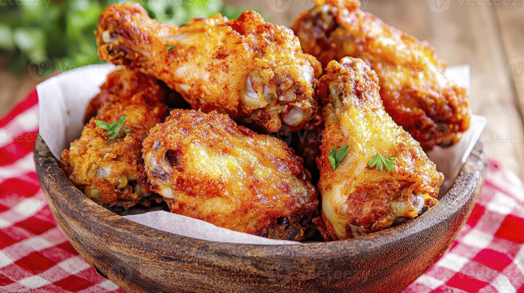 Delicious Fried Chicken Wings A Close-Up View of Crispy, Golden-Brown Perfection Capture the Taste of Homemade Comfort Food with this Stock Photo of Juicy Chicken Wings Served in a Rustic Wooden Bowl