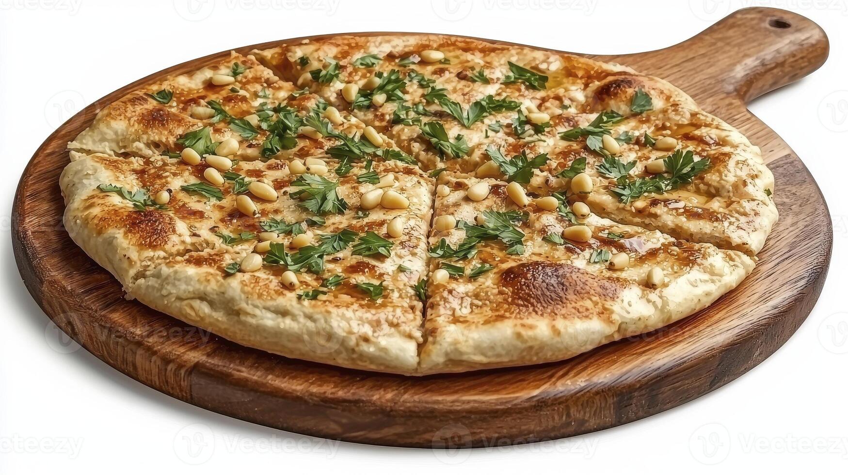 Delicious Flatbread Pizza on Wooden Board A culinary masterpiece featuring golden crust, vibrant green herbs, and rustic charm Perfect for food bloggers, restaurant menus, and recipe websites This photo