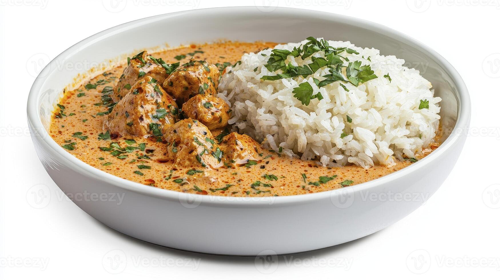 Delicious Chicken Tikka Masala served with fluffy white rice, presented in a clean white bowl, offering an inviting glimpse into a classic Indian cuisine experience Enjoy the rich, creamy photo