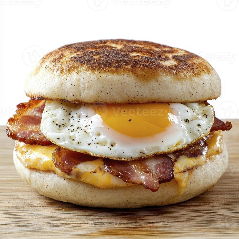 Delicious Breakfast Sandwich Delight A Mouthwatering Close-Up of a Fluffy English Muffin Stacked with Crispy Bacon, Melted Cheddar Cheese, and a Perfectly Fried Egg, Creating an Irresistible Culinary photo