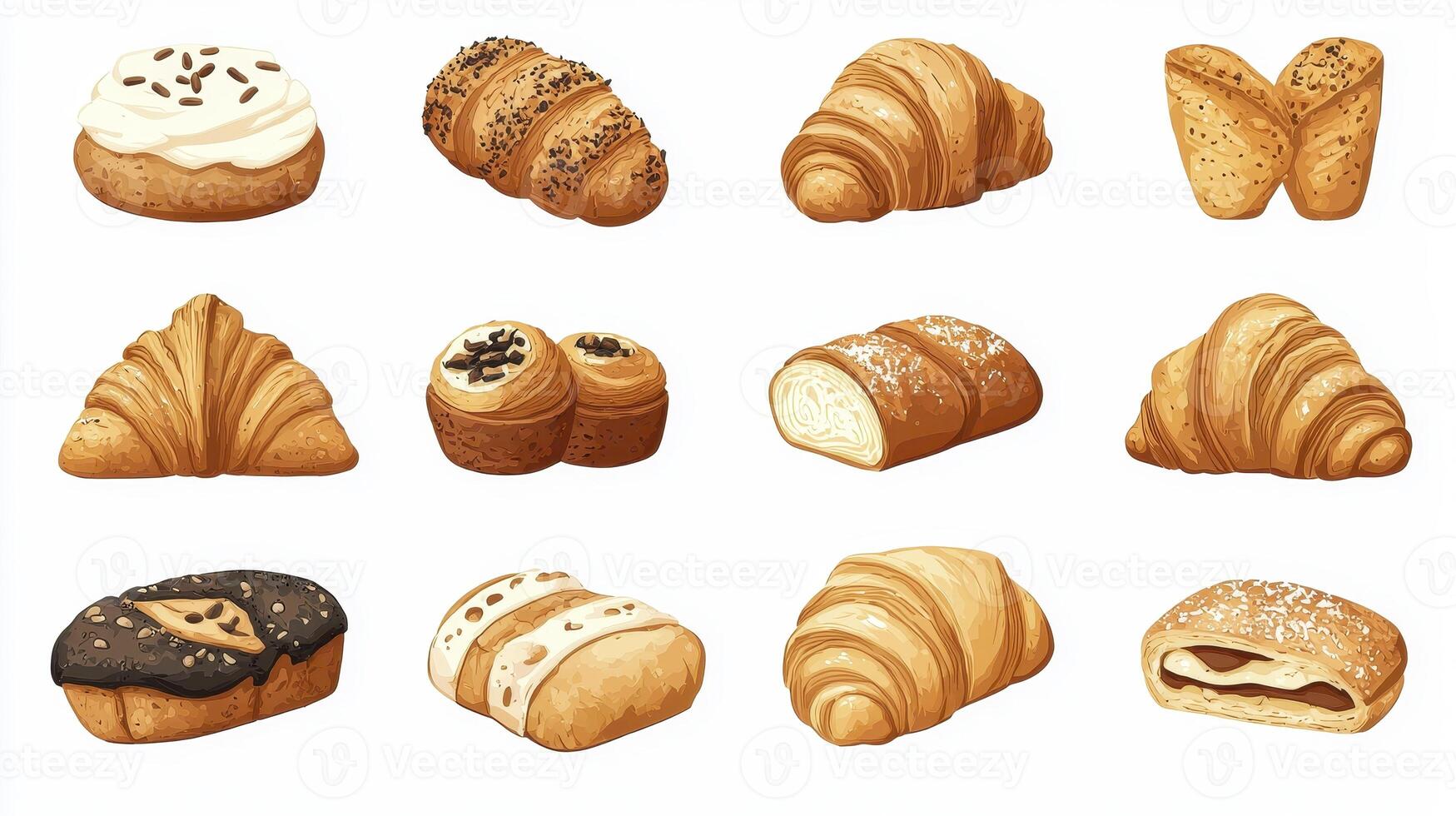 Delicious Assortment of Freshly Baked Goods A Visual Feast of Croissants, Buns, and Sweet Treats Indulge Your Senses with an Array of Golden Brown Pastries, Perfect for Breakfast, Brunch, or a photo