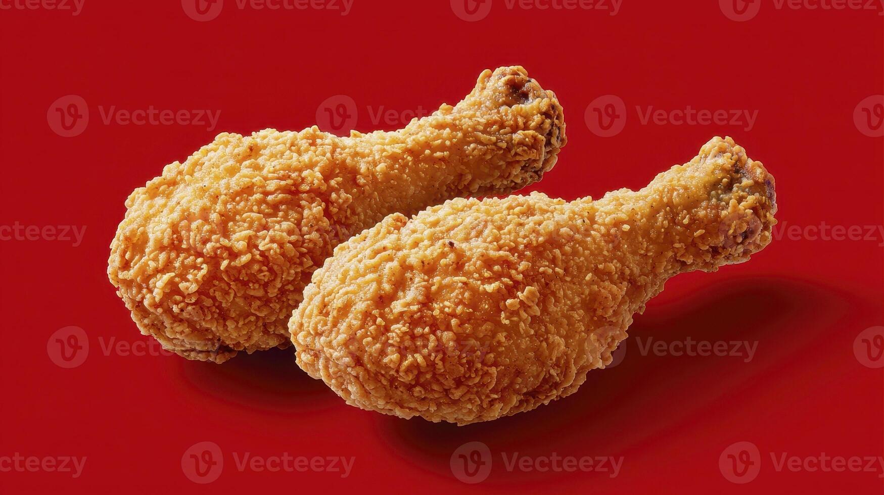 Crispy, golden fried chicken legs presented on a vibrant red background offer a mouthwatering visual feast, showcasing the texture, color, and deliciousness of this classic comfort food perfect for photo