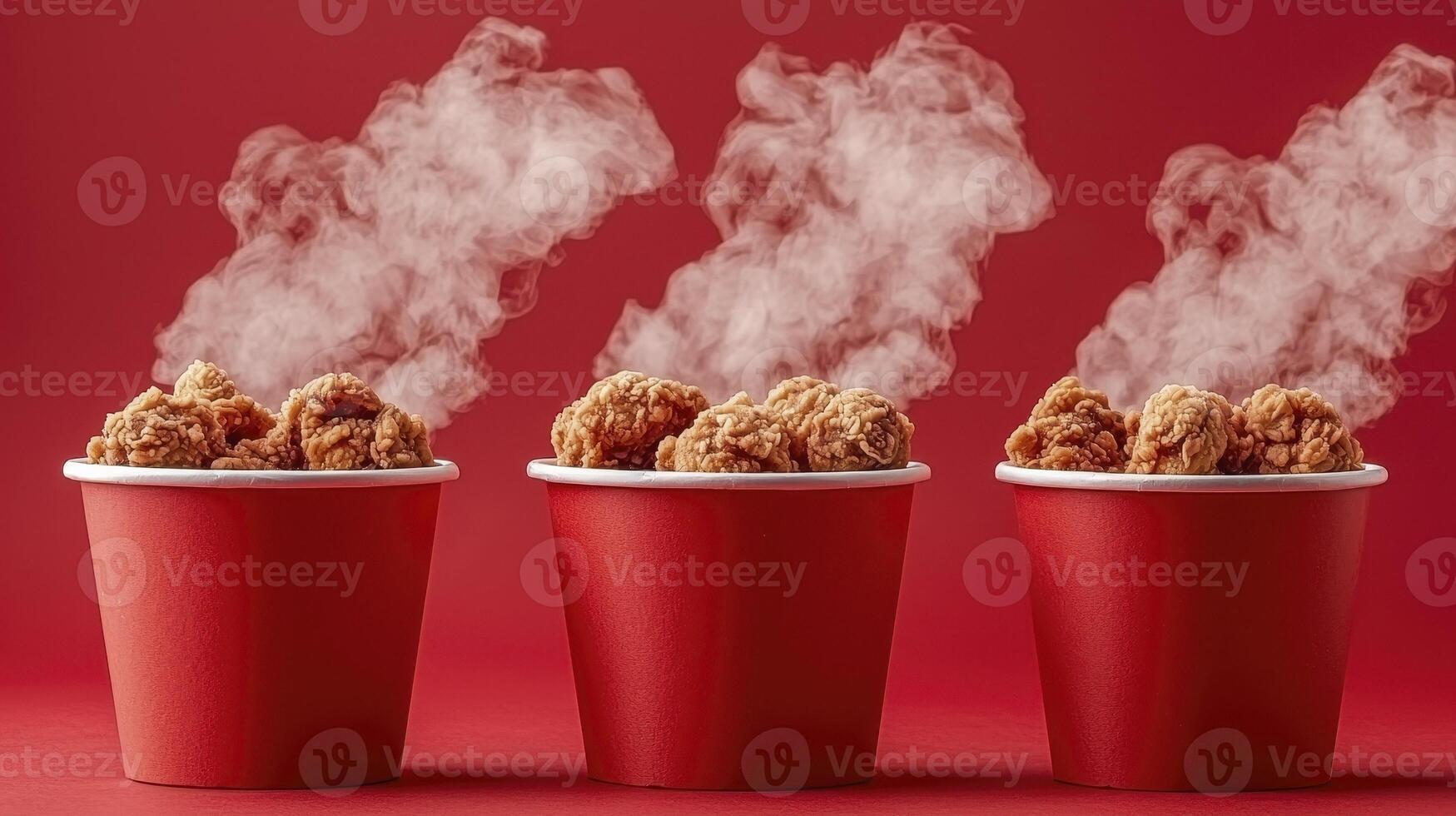Crispy, golden fried chicken awaits in vibrant red buckets, steam rising temptingly, a delicious invitation to indulge Enjoy the classic comfort food experience with this image perfect for showcasing photo
