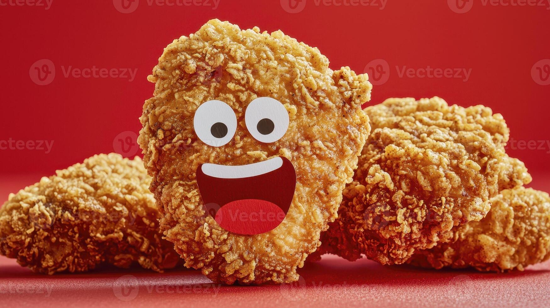 Crispy Fried Chicken with Fun Cartoon Face, Perfect for Fast Food Advertisements and Delicious Meal Promotions, Featuring Golden Brown Batter and Juicy Meat on a Vibrant Red Background, Highlighting photo