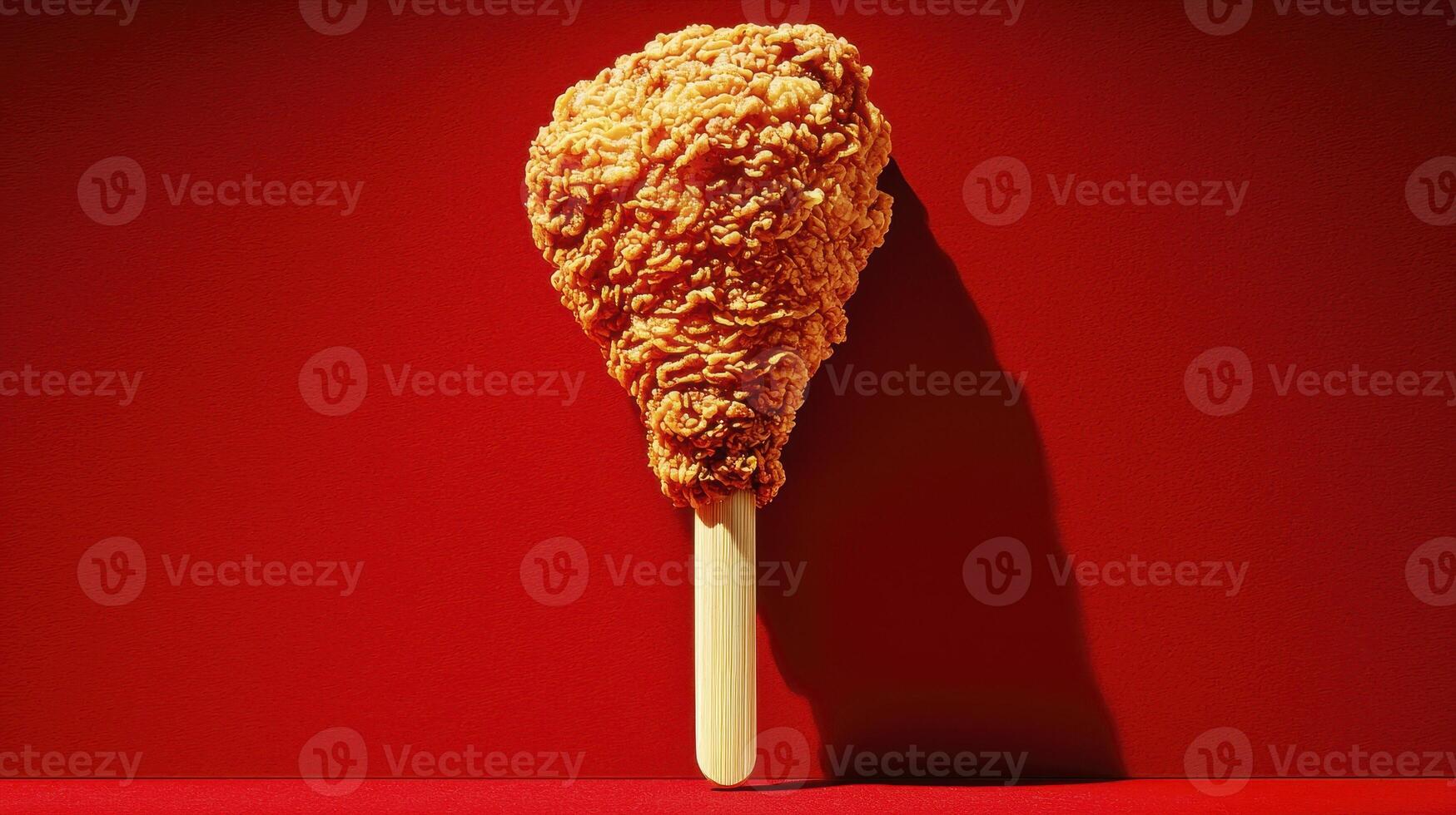 Crispy Fried Chicken Leg on a Stick Delicious and Mouthwatering Food Photography Showcase the golden-brown perfection of this savory treat against a vibrant red background, perfect for culinary photo