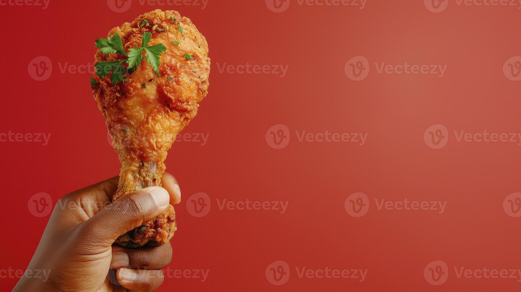Crispy Fried Chicken Leg Held Against a Vibrant Red Background A Mouthwatering Display of Culinary Delight This Close-Up Shot Showcases the Golden-Brown Perfection and Textural Details of the Crispy photo